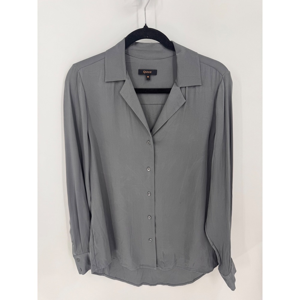 Quince Washable Stretch Silk Notch Collar Blouse Women M Lava Smoke Gray